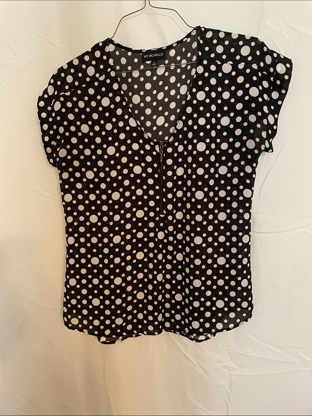 My Michelle Black & White Polka Dot V-Neck Zip-Front Blouse